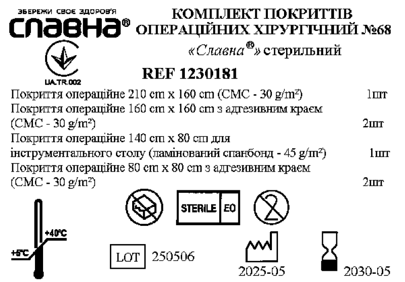 Комплект покриттів операційних хірургічний №68 «Славна®» стерильний